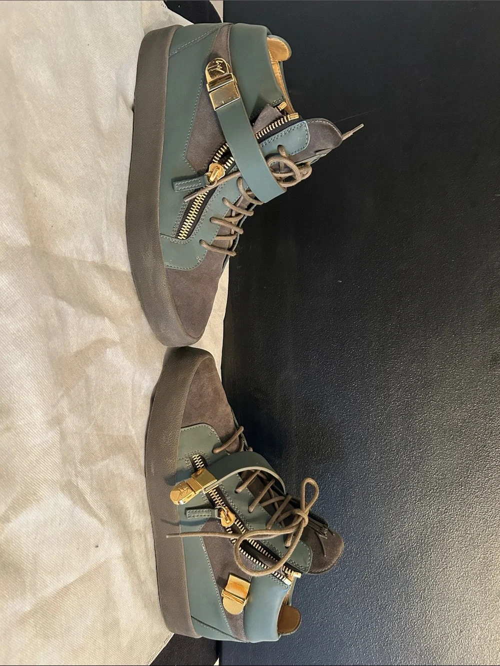 Giuseppe Zanotti Brown and Olive High-Top Sneakers with Gold Hardware